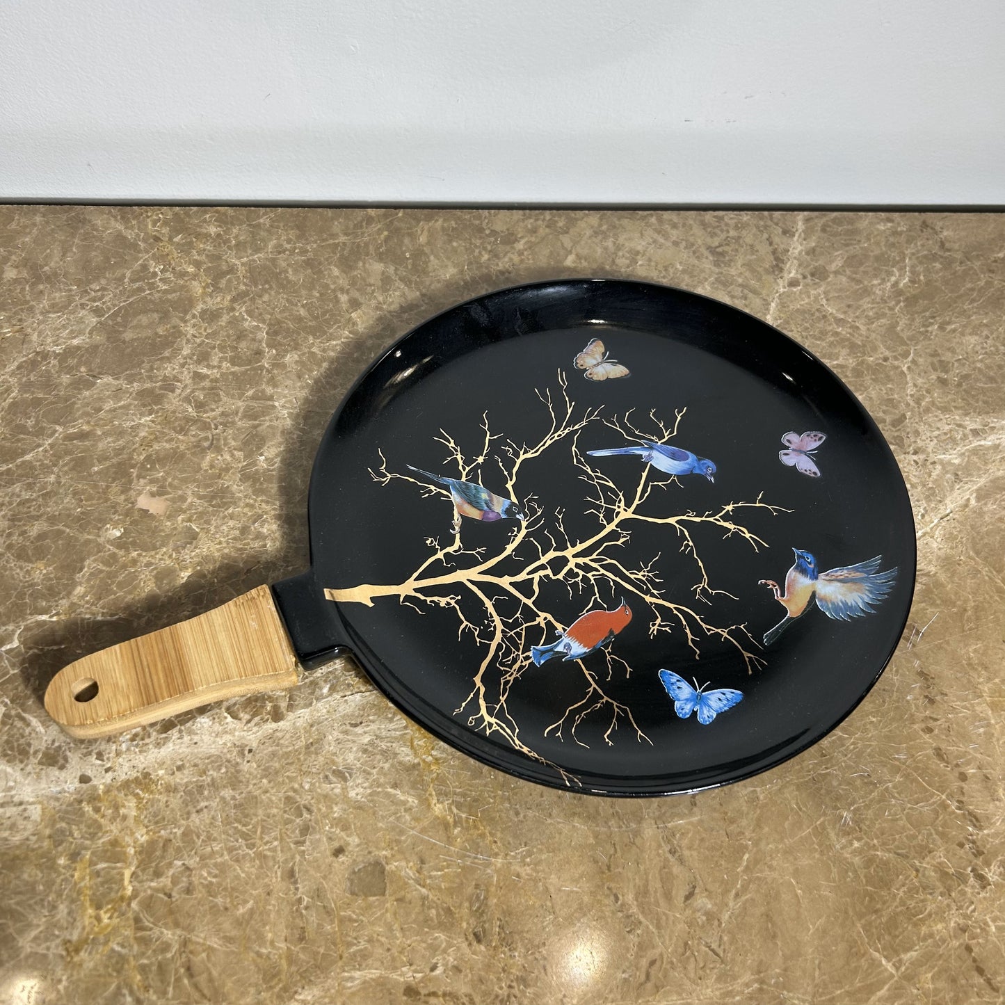 Pizza Serving Pan with Birds and Butterflies Design