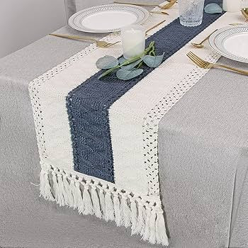 Cotton Table Runner in Cream & Indigo – Boho-Inspired Look (6 seater)