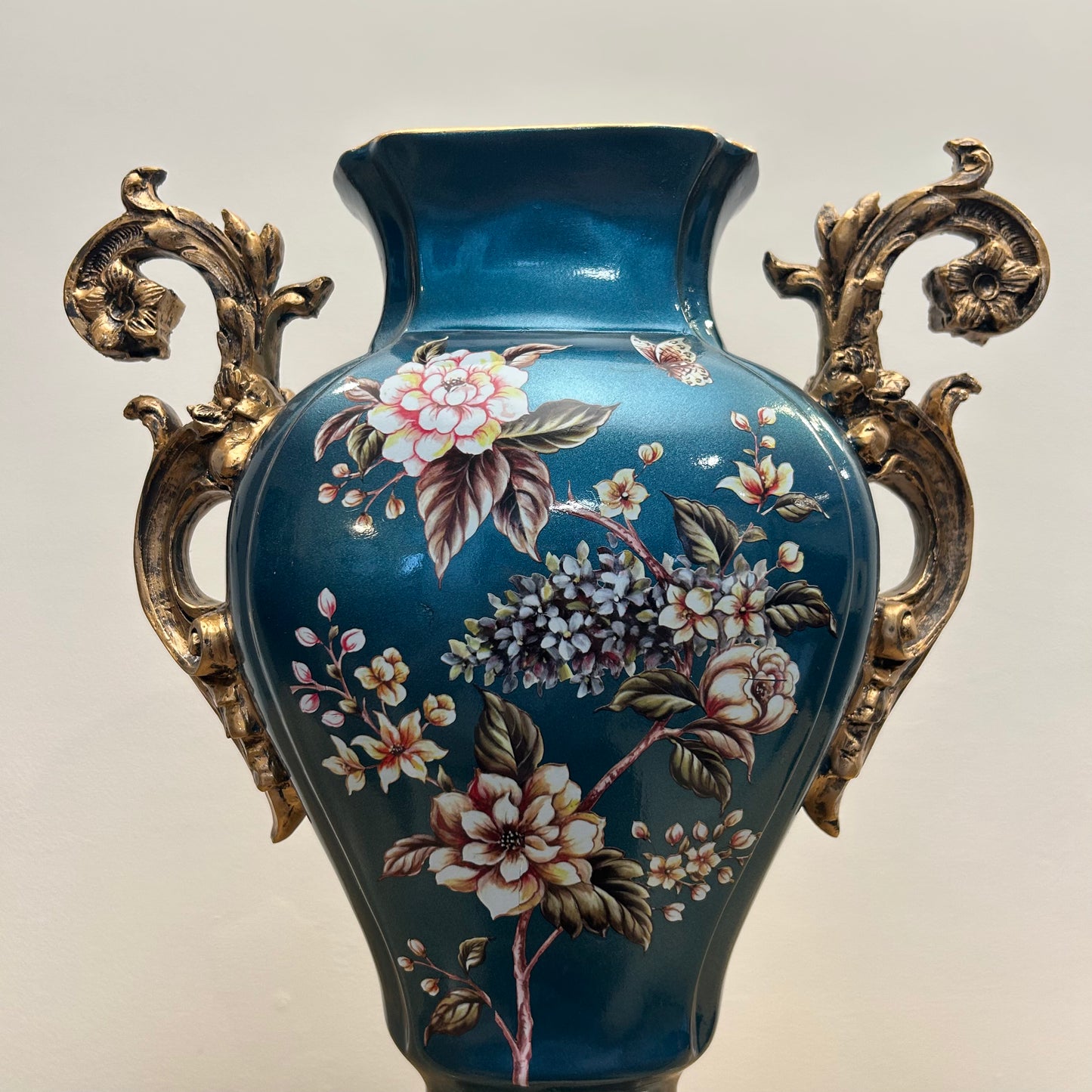 Floral Vase with Ornate Gold Handles - Decorative Vase