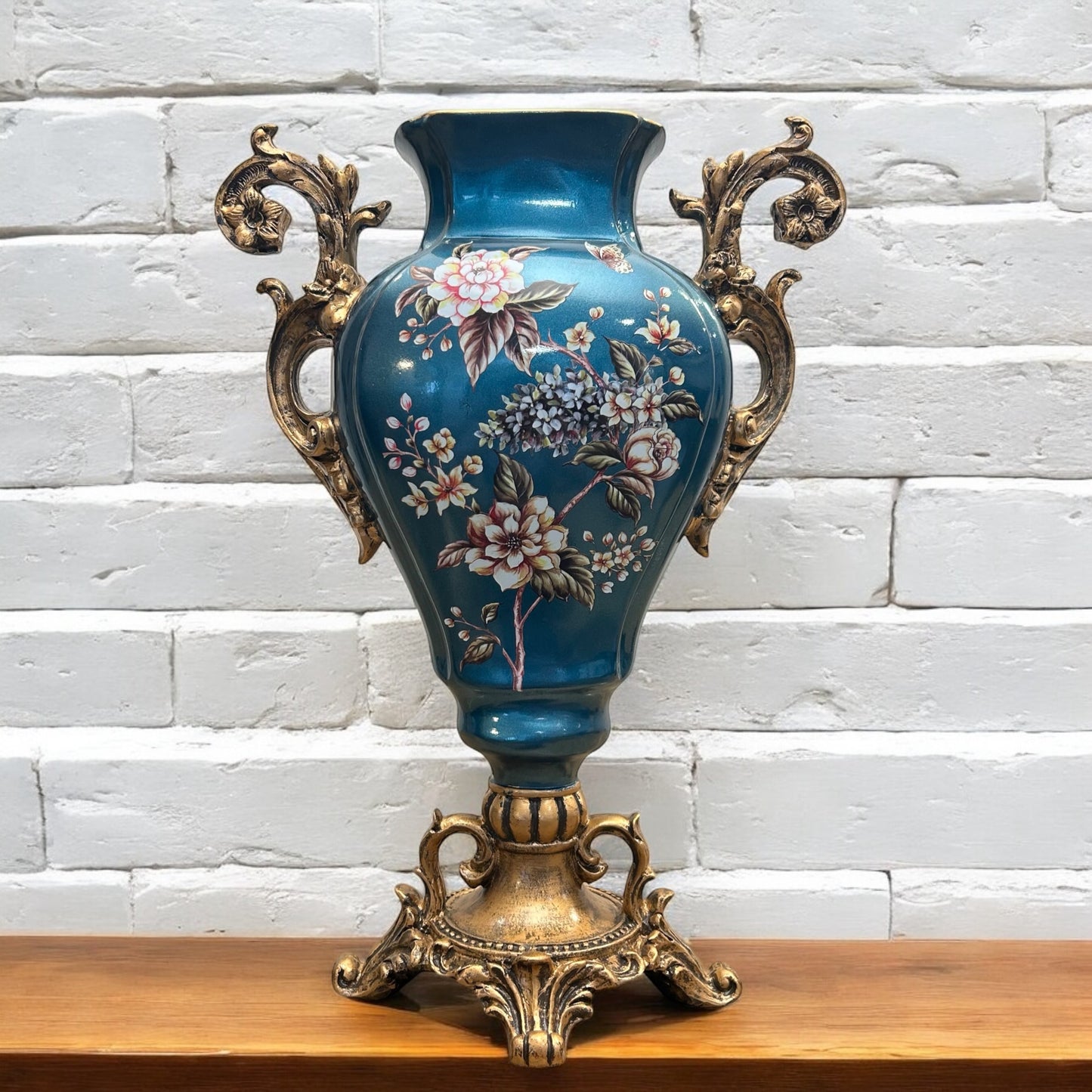 Floral Vase with Ornate Gold Handles - Decorative Vase