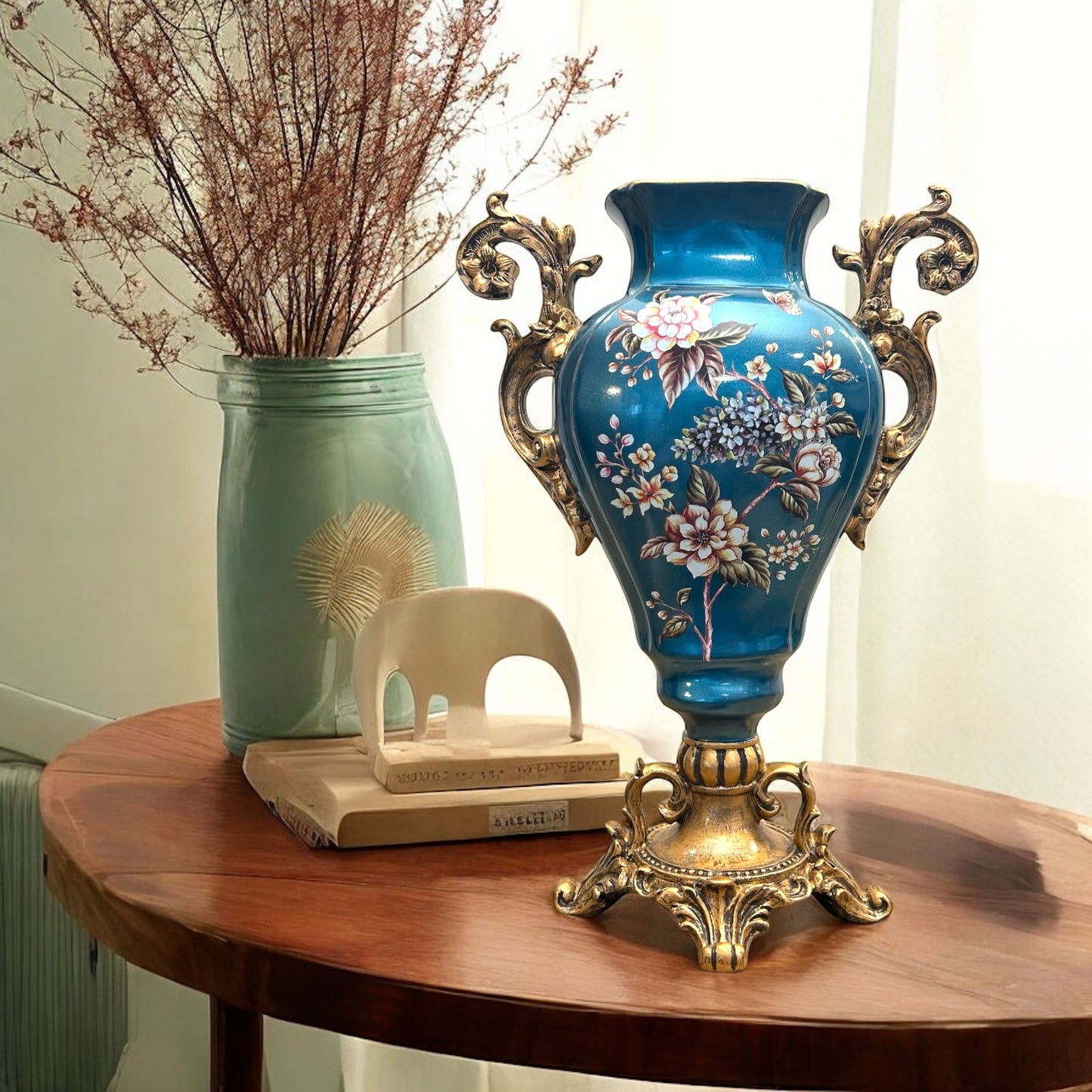 Floral Vase with Ornate Gold Handles - Decorative Vase