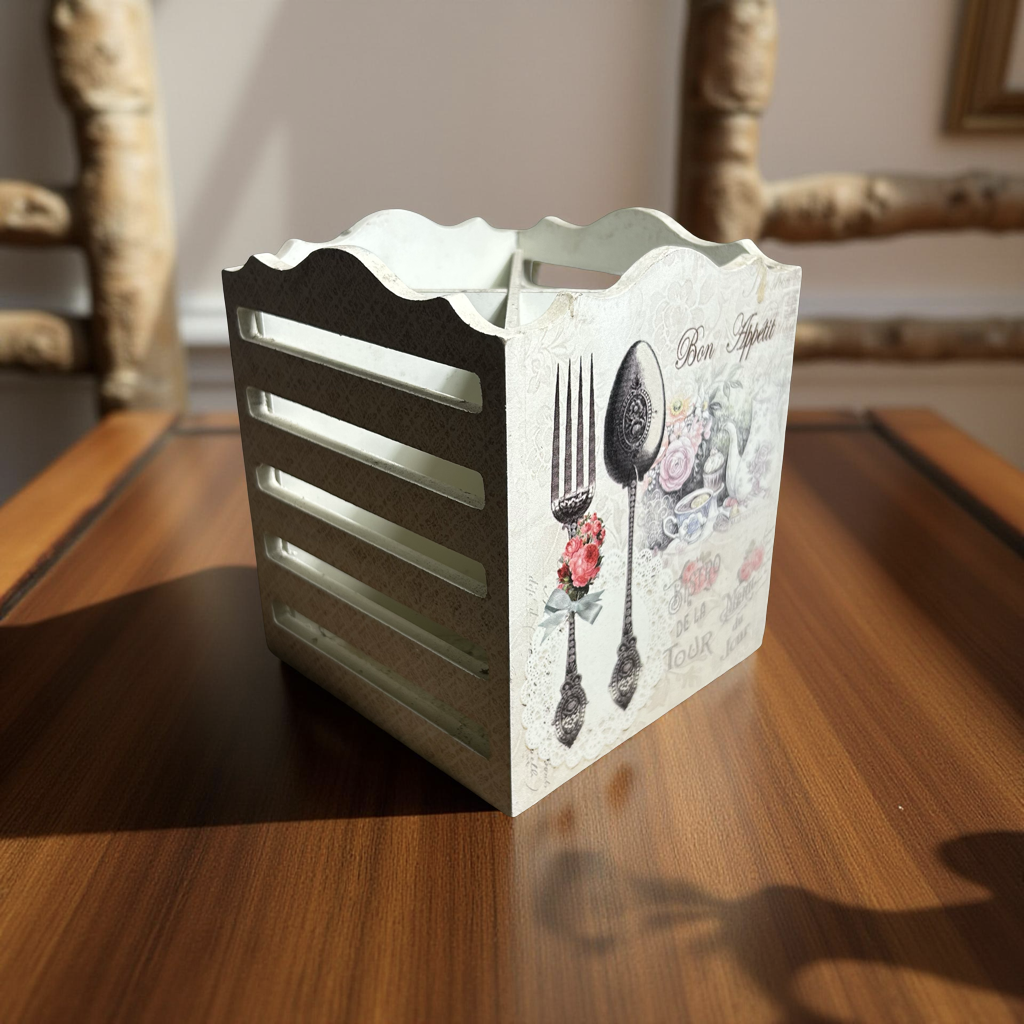 Cutlery Holder White Wooden Floral || 4 Partitions