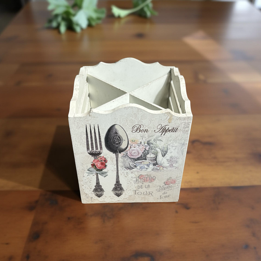 Cutlery Holder White Wooden Floral || 4 Partitions