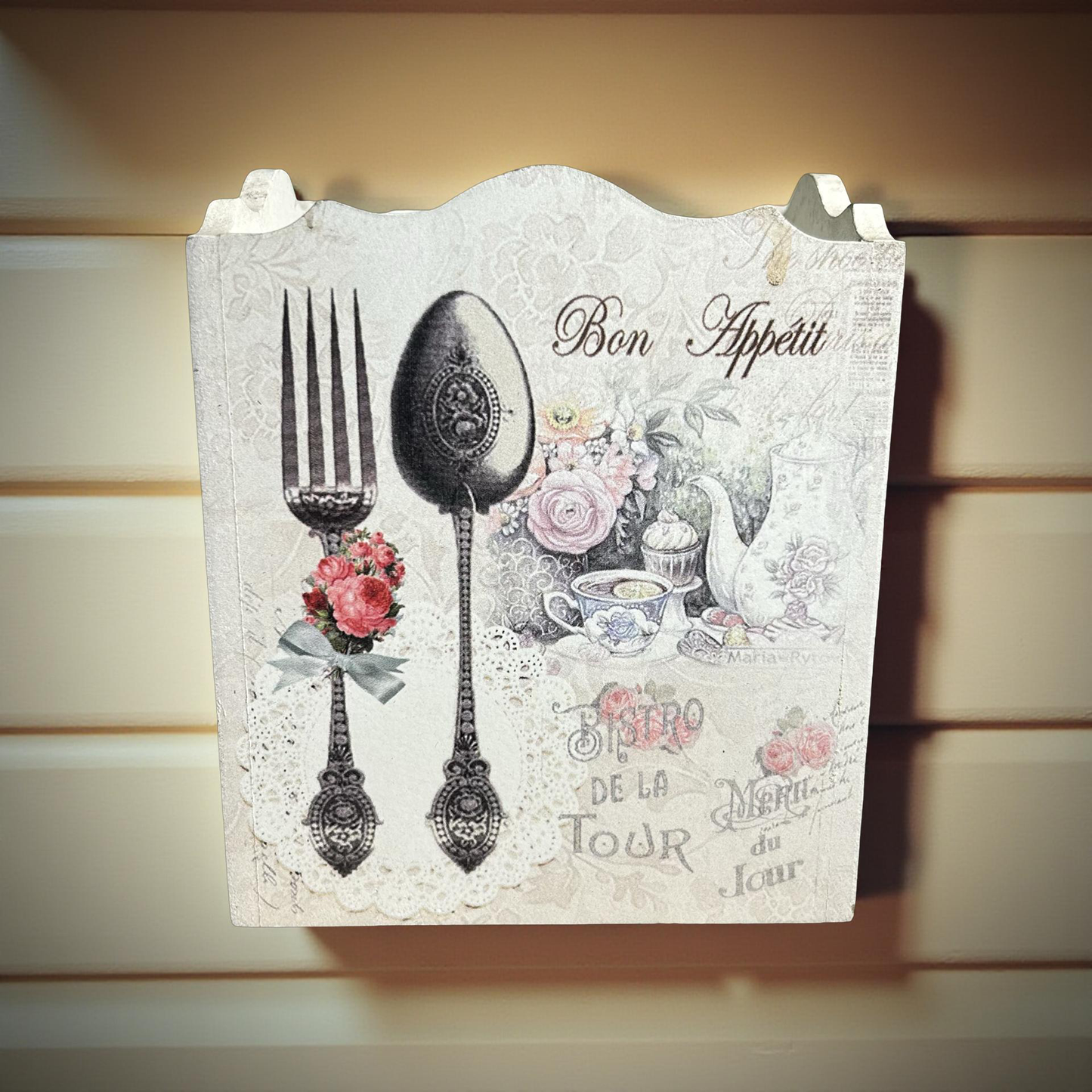 Cutlery Holder White Wooden Floral || 4 Partitions