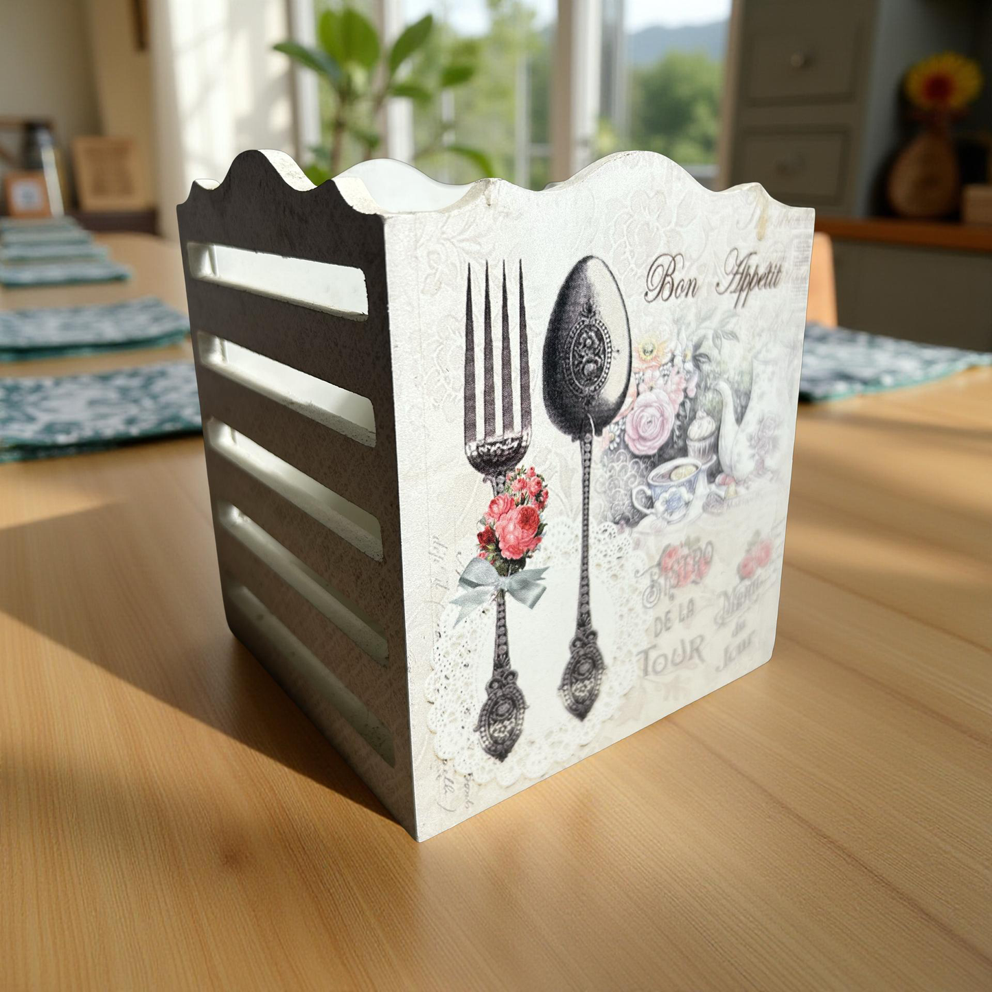 Cutlery Holder White Wooden Floral || 4 Partitions