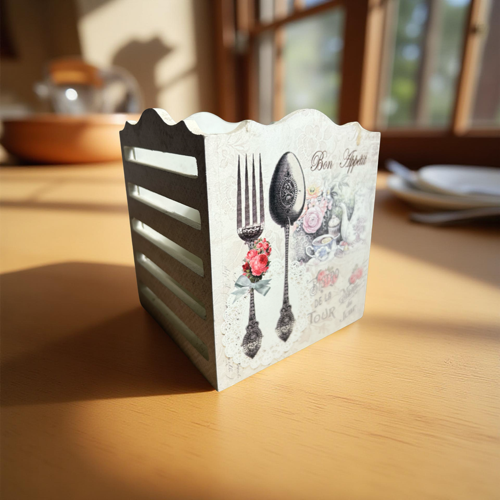 Cutlery Holder White Wooden Floral || 4 Partitions