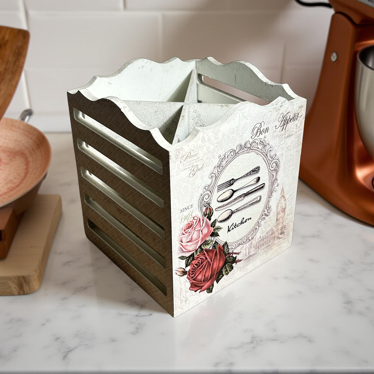 Cutlery Holder White Wooden Floral