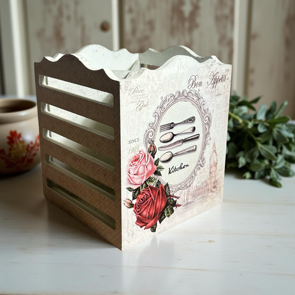 Cutlery Holder White Wooden Floral