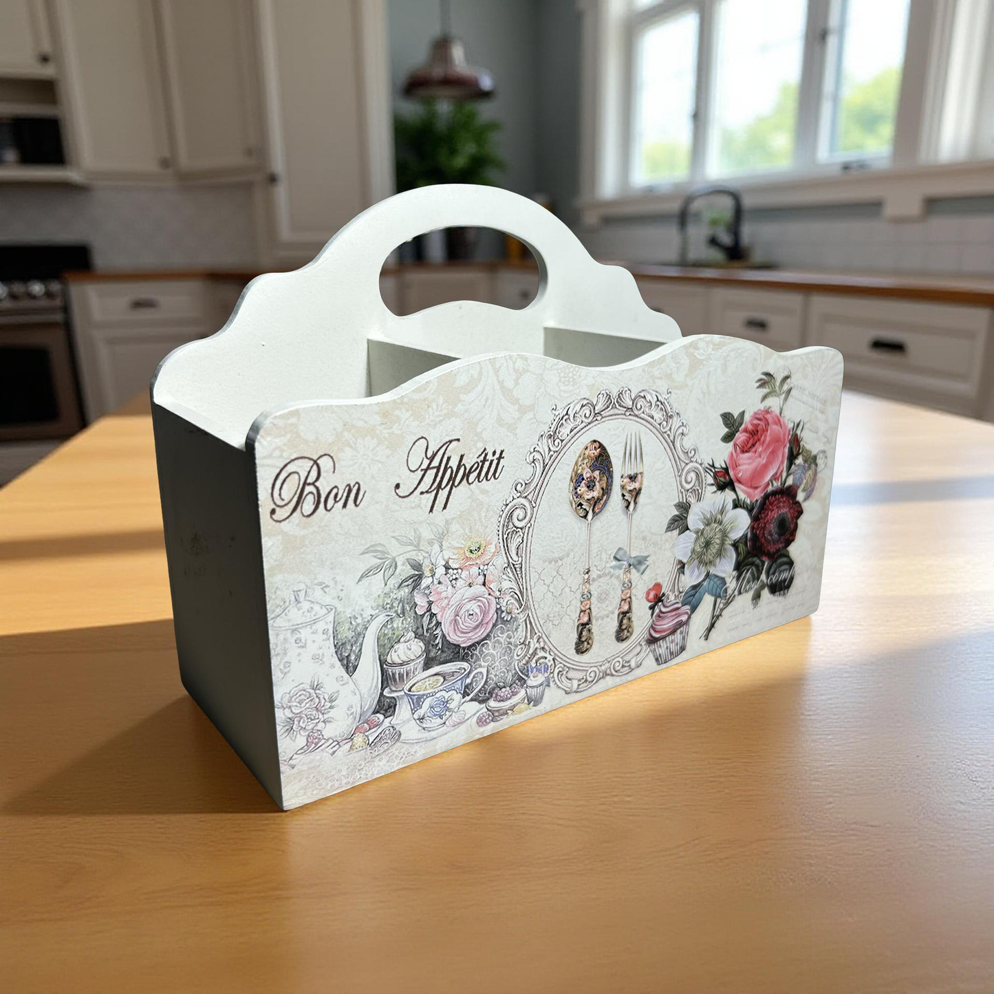 Cutlery Holder White Wooden Floral || 3 Partitions