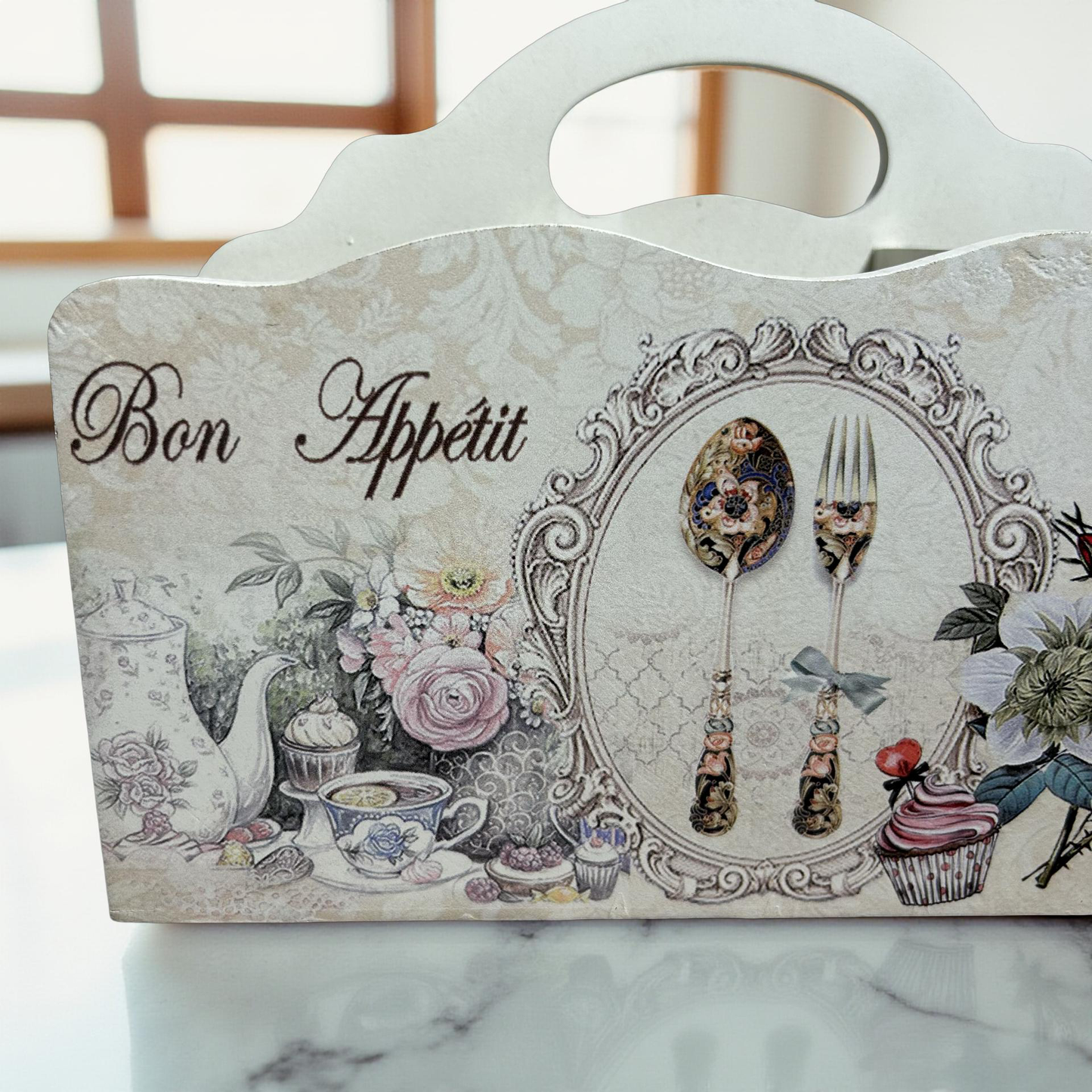 Cutlery Holder White Wooden Floral || 3 Partitions