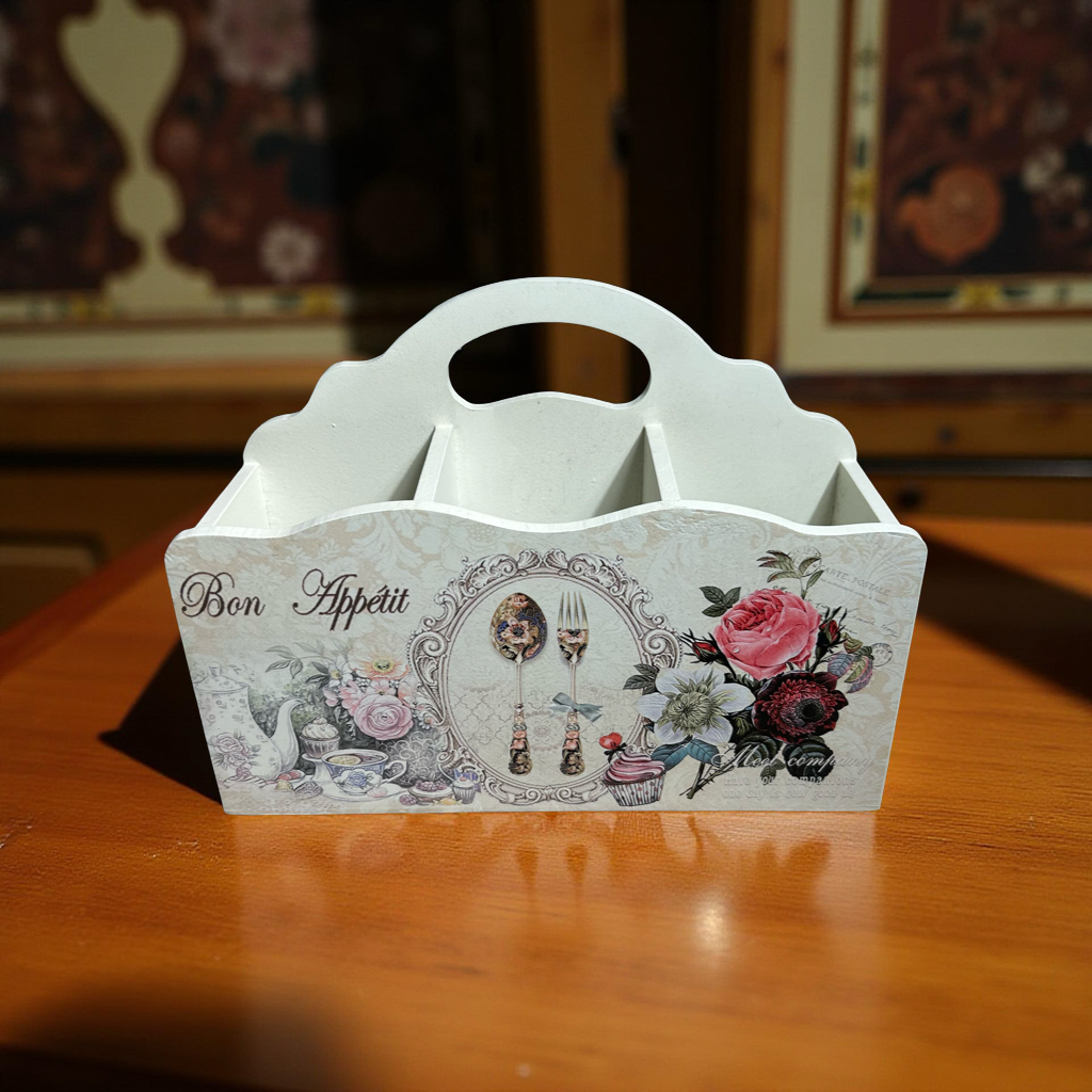 Cutlery Holder White Wooden Floral || 3 Partitions