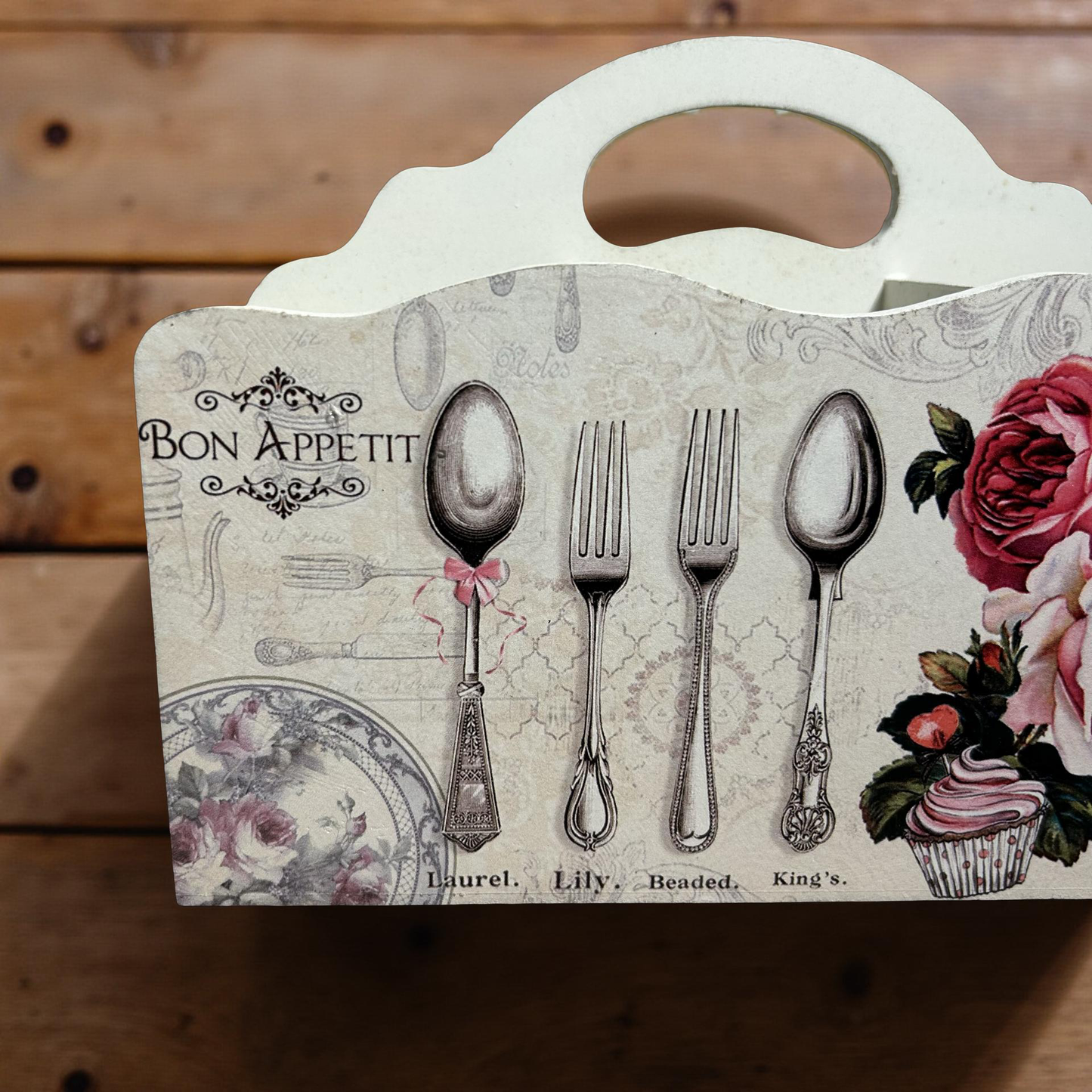 Elegant Cutlery Holder Yellow Wooden Floral || 3 Partitions