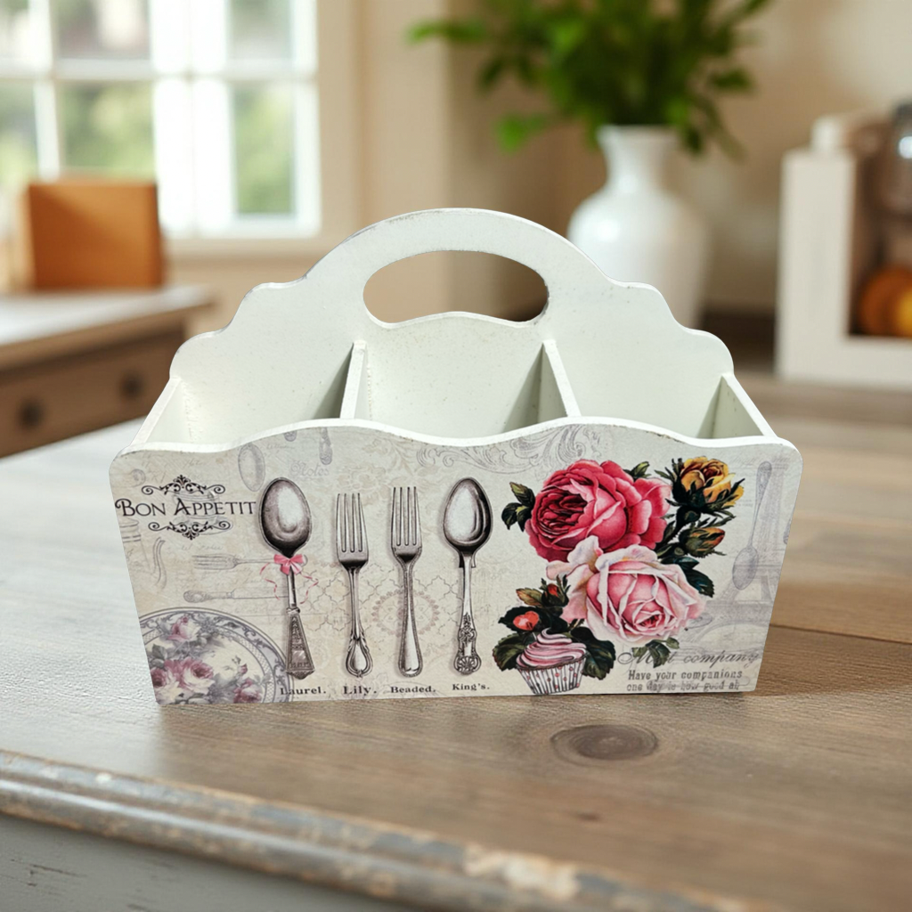 Elegant Cutlery Holder Yellow Wooden Floral || 3 Partitions