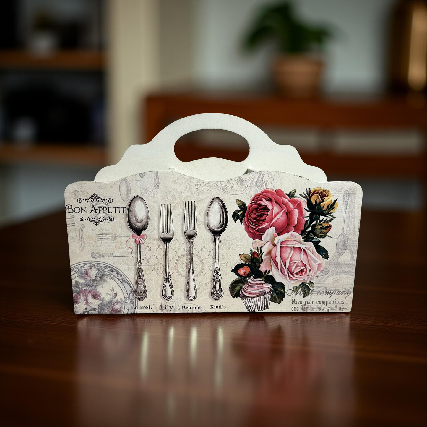 Elegant Cutlery Holder Yellow Wooden Floral || 3 Partitions
