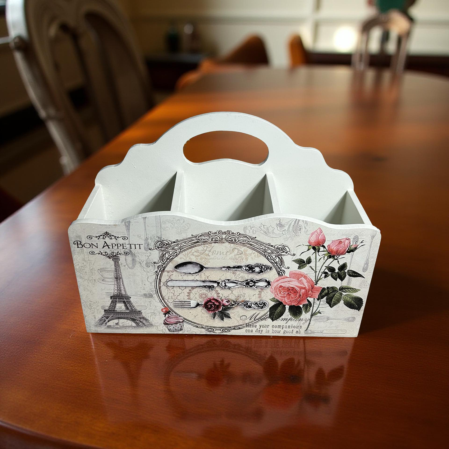 Elegant Cutlery Holder Wooden Floral 3 Partitions