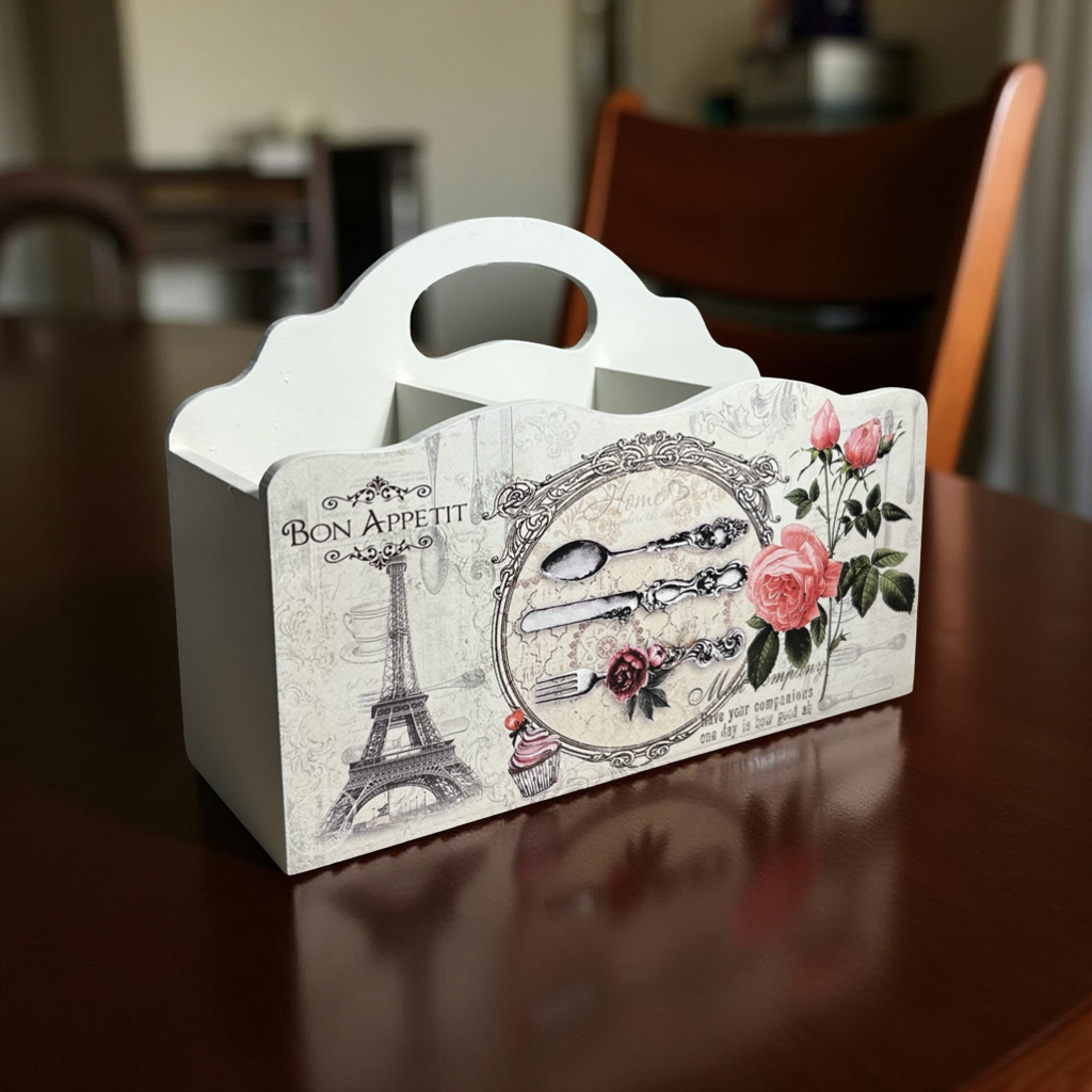 Elegant Cutlery Holder Wooden Floral 3 Partitions