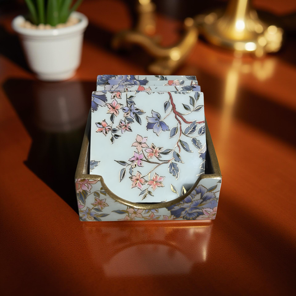 Tea Coasters Set of 6 with Stand