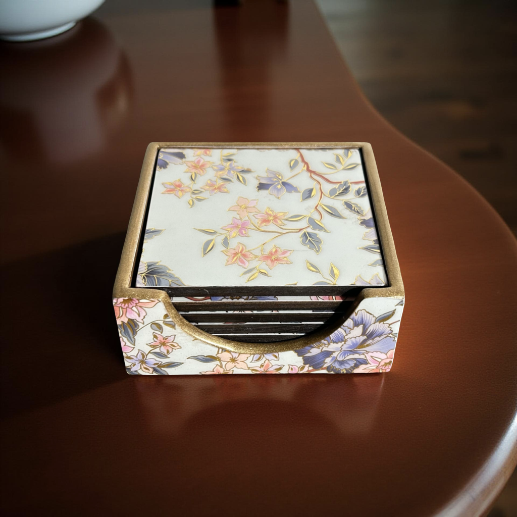 Tea Coasters Set of 6 with Stand