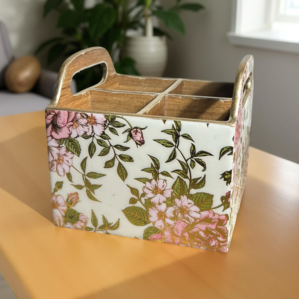 Cutlery Holder Wooden Floral Pink with 4 Partitions