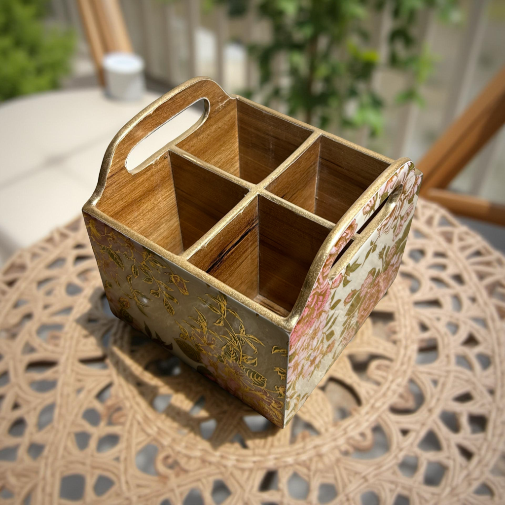 Cutlery Holder Wooden Floral Pink with 4 Partitions