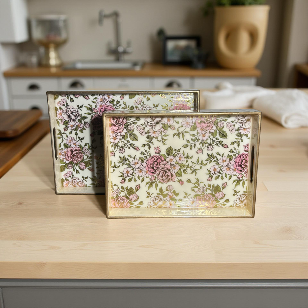Wooden Glossy Floral Serving Tray Pink Blossom || Gold Plated Designs Small