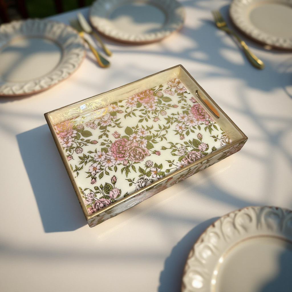 Wooden Glossy Floral Serving Tray Pink Blossom || Gold Plated Designs Small