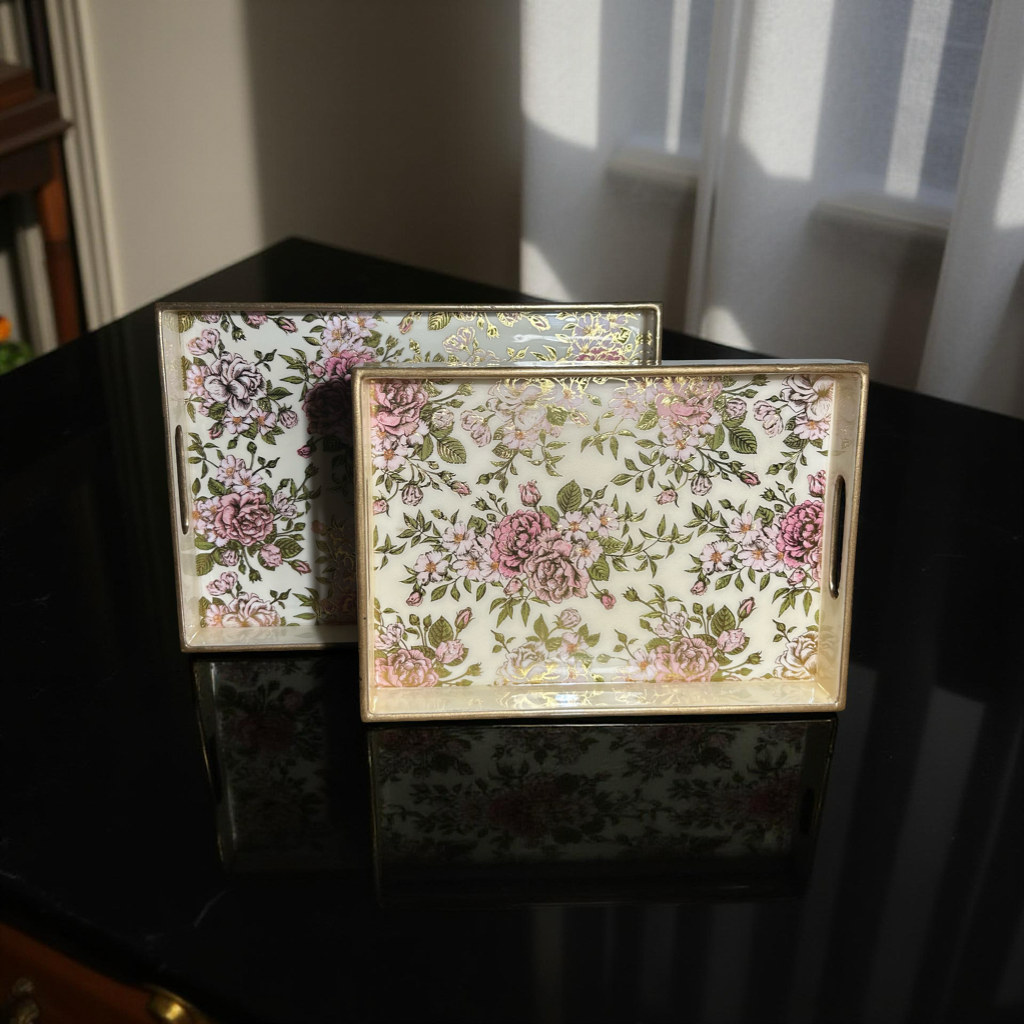 Wooden Glossy Floral Serving Tray Pink Blossom || Gold Plated Designs Small
