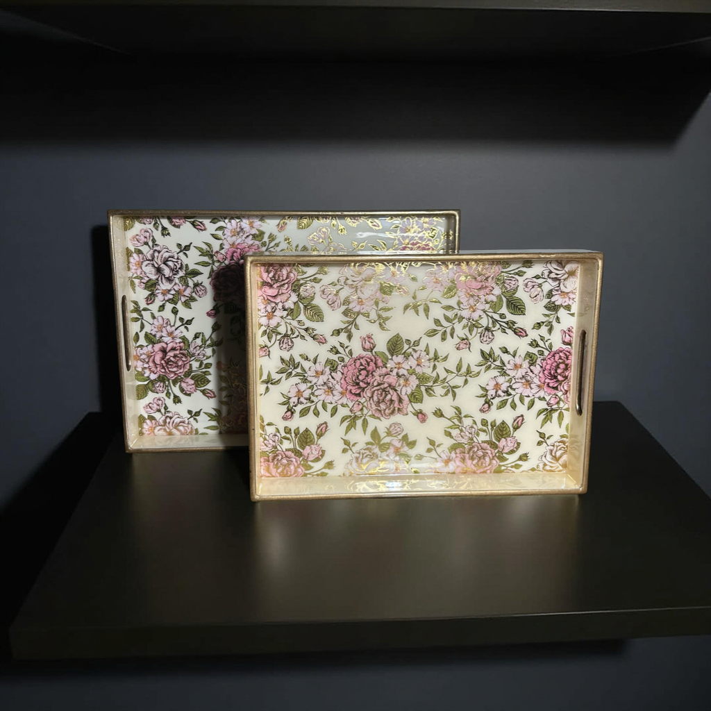 Wooden Glossy Floral Serving Tray Pink Blossom || Gold Plated Designs Small