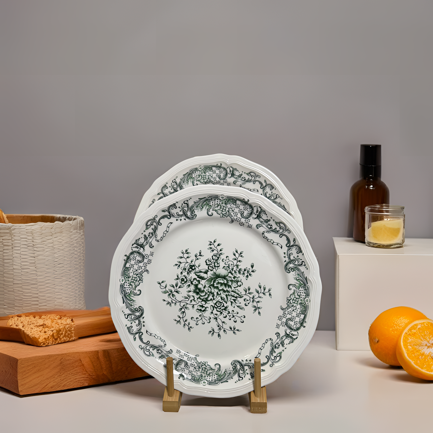 French Country-Style Premium Porcelain Plates - Full Plate Green