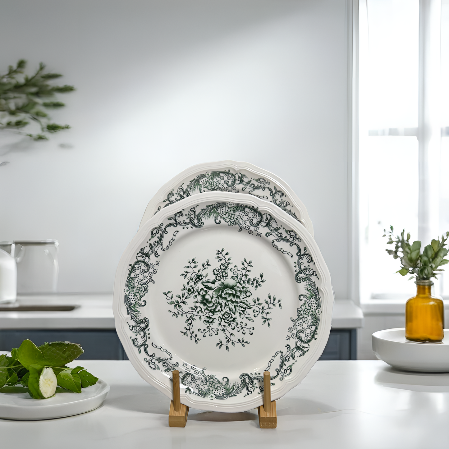 French Country-Style Premium Porcelain Plates - Full Plate Green