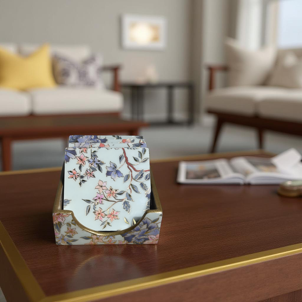 Tea Coasters Set of 6 with Stand