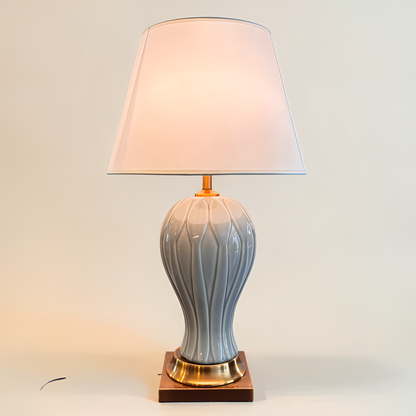 Sophisticated Glazed Grey Porcelain Lamp with Golden Base – Elegant Ribbed Design