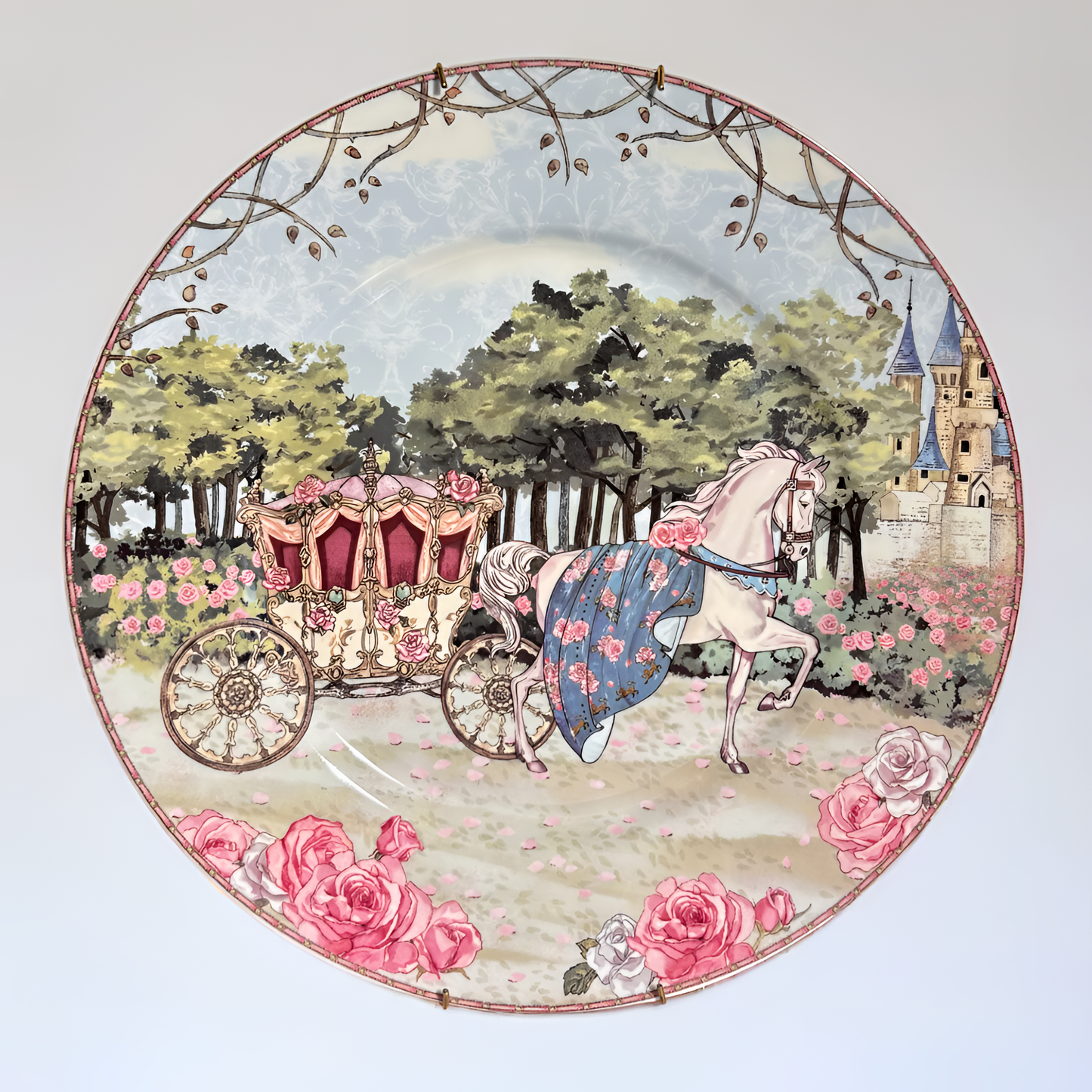 Fairy Tale-Inspired Decorative Plate – Elegant Carriage with Castle & Floral Accents