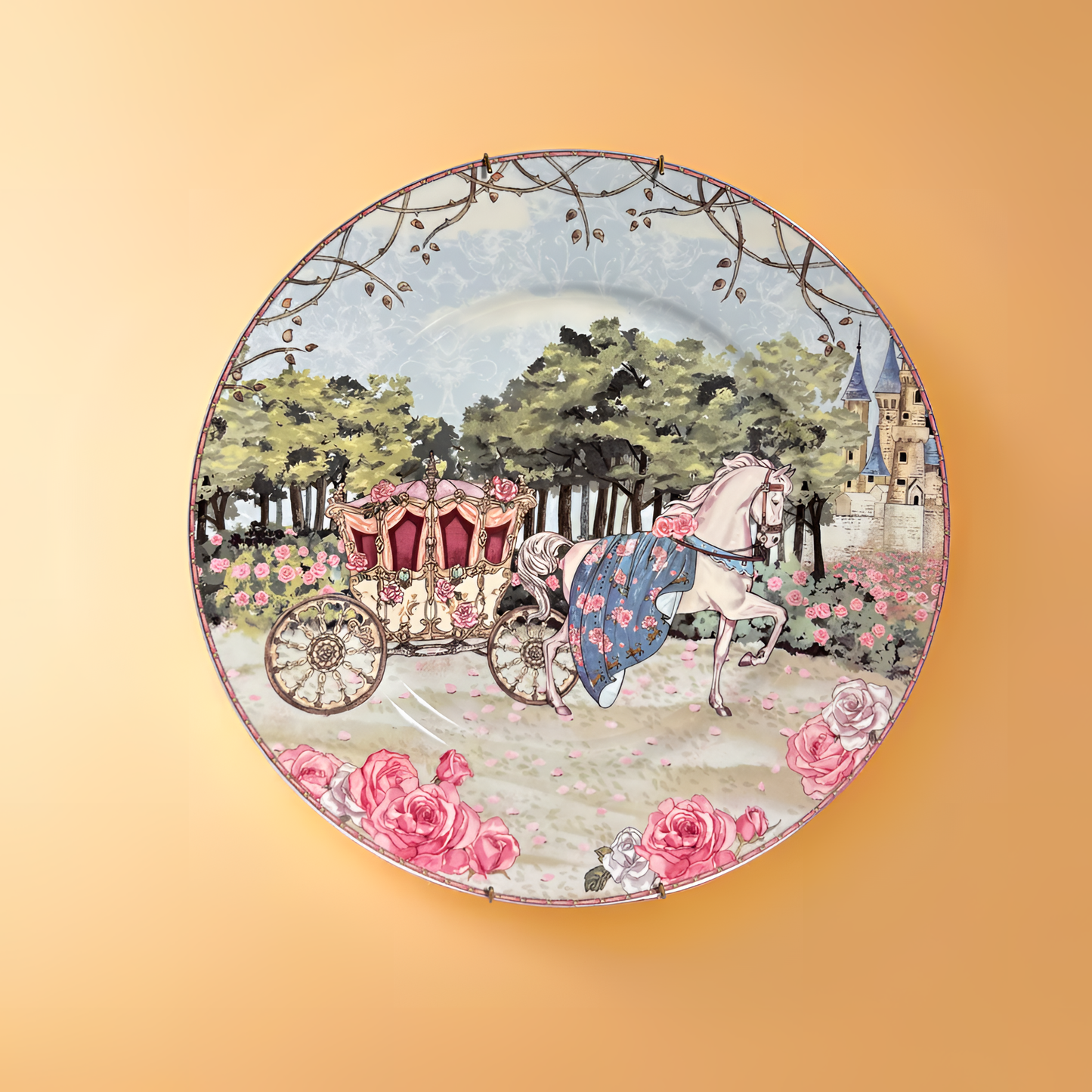 Fairy Tale-Inspired Decorative Plate – Elegant Carriage with Castle & Floral Accents