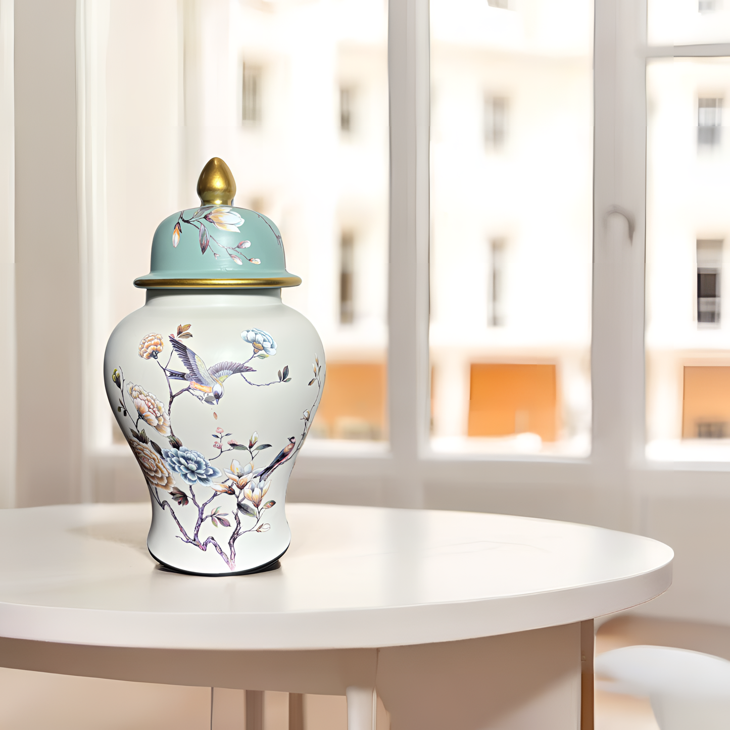 Porcelain Ginger Jar – Elegant Floral & Bird Motif with Contrast Top