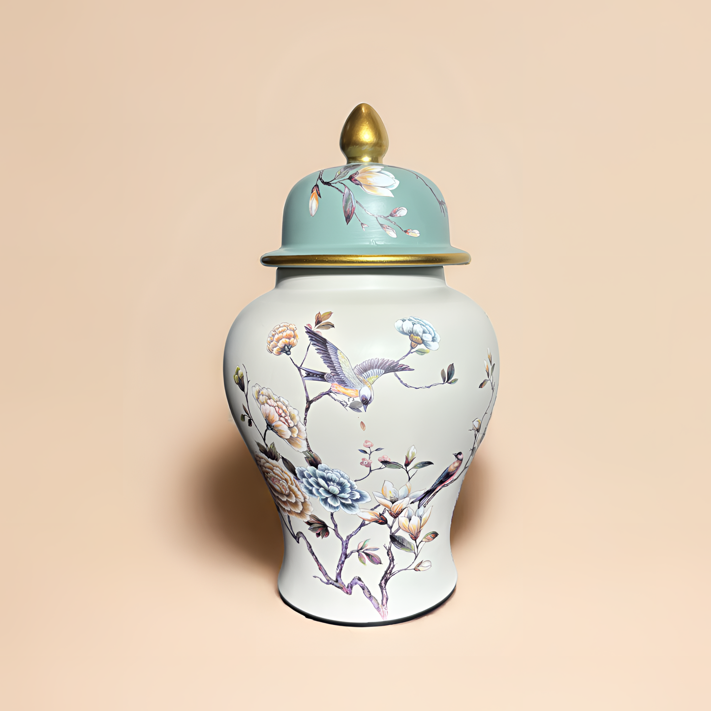 Porcelain Ginger Jar – Elegant Floral & Bird Motif with Contrast Top