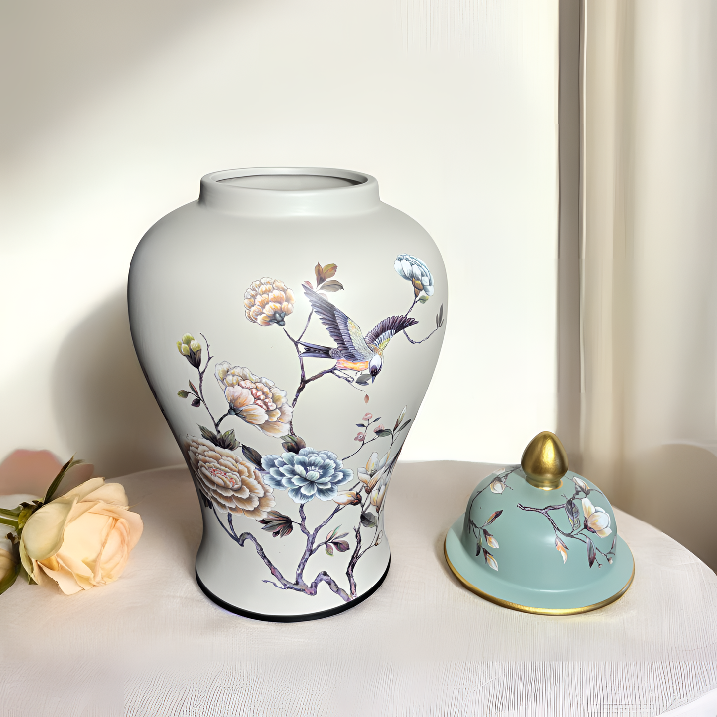 Porcelain Ginger Jar – Elegant Floral & Bird Motif with Contrast Top