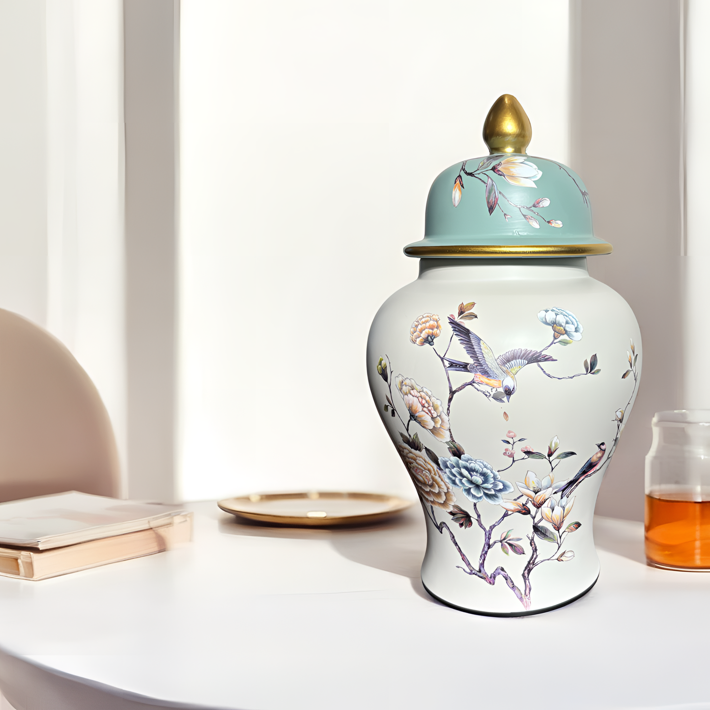 Porcelain Ginger Jar – Elegant Floral & Bird Motif with Contrast Top