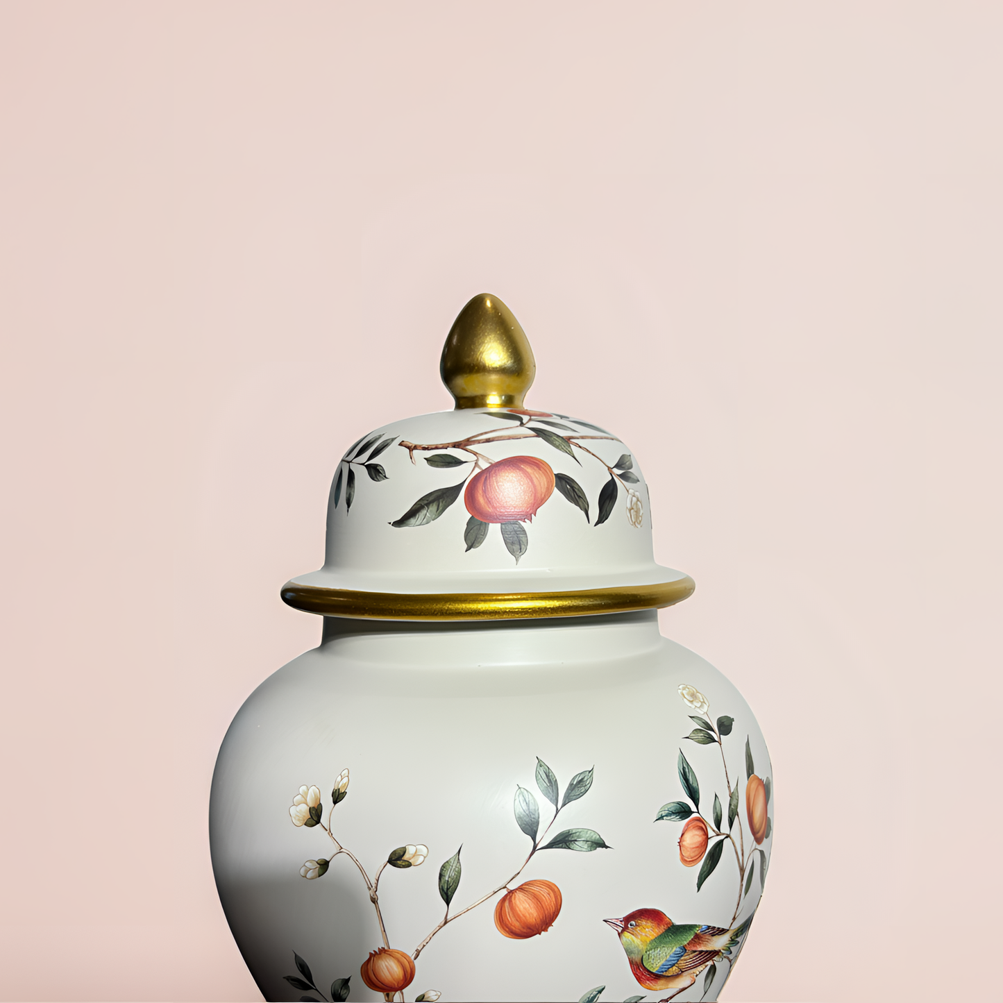 Elegant Porcelain Ginger Jar with Floral & Bird Design – Timeless Home Décor with Gold Accent