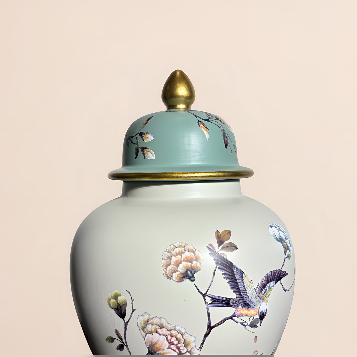 Porcelain Ginger Jar – Elegant Floral & Bird Motif with Contrast Top