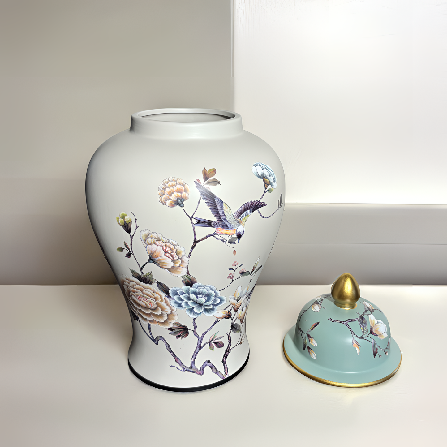 Porcelain Ginger Jar – Elegant Floral & Bird Motif with Contrast Top