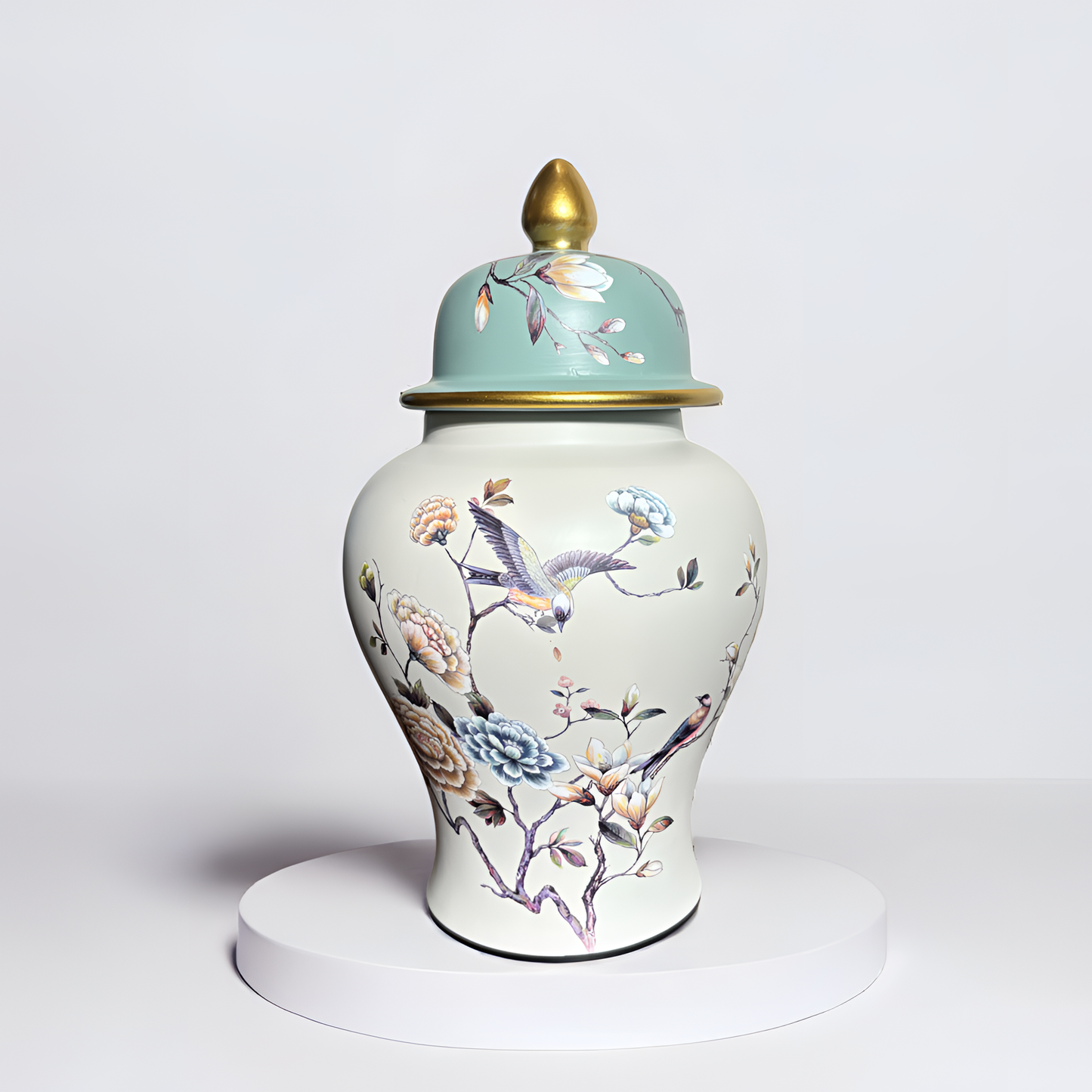 Porcelain Ginger Jar – Elegant Floral & Bird Motif with Contrast Top
