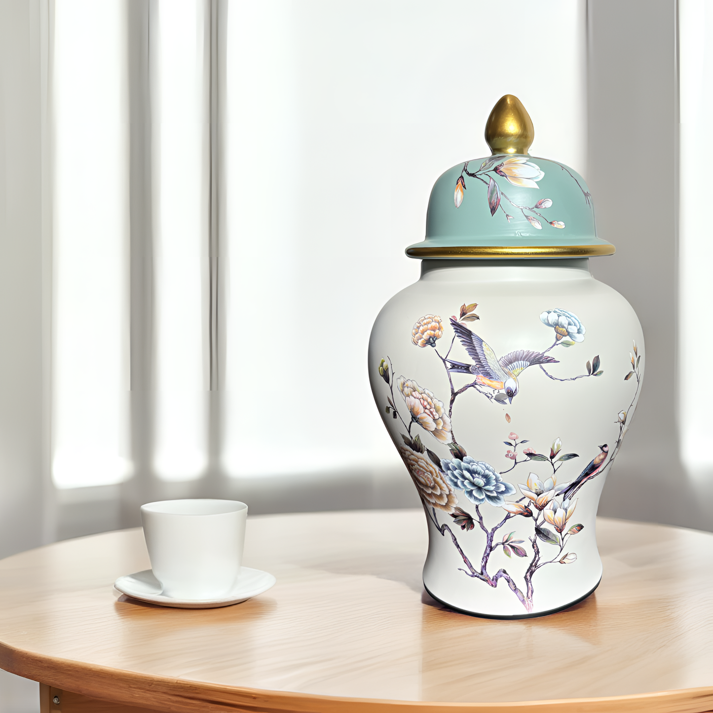 Porcelain Ginger Jar – Elegant Floral & Bird Motif with Contrast Top