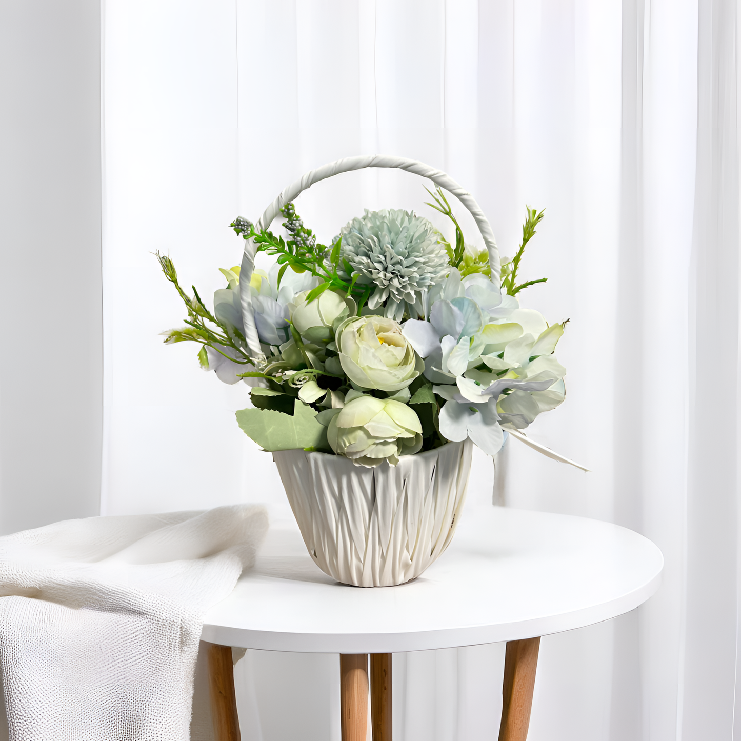 Elegant Sage & Ivory Floral Basket