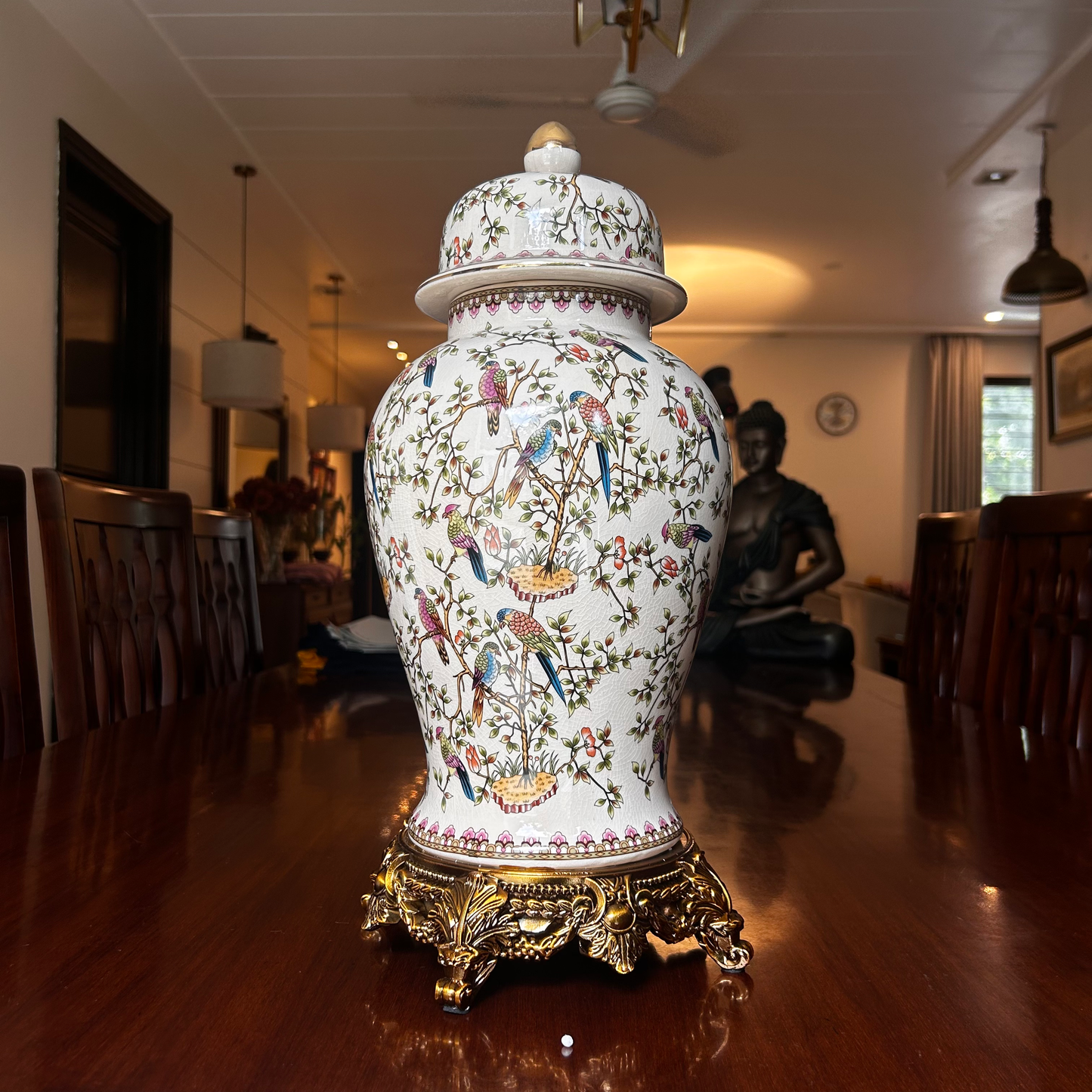 Vintage Floral Ceramic Ginger Jar with Ornate Golden Base