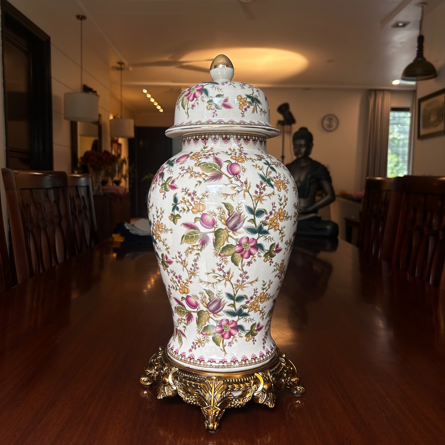 Vintage Floral Ceramic Ginger Jar with Ornate Golden Base