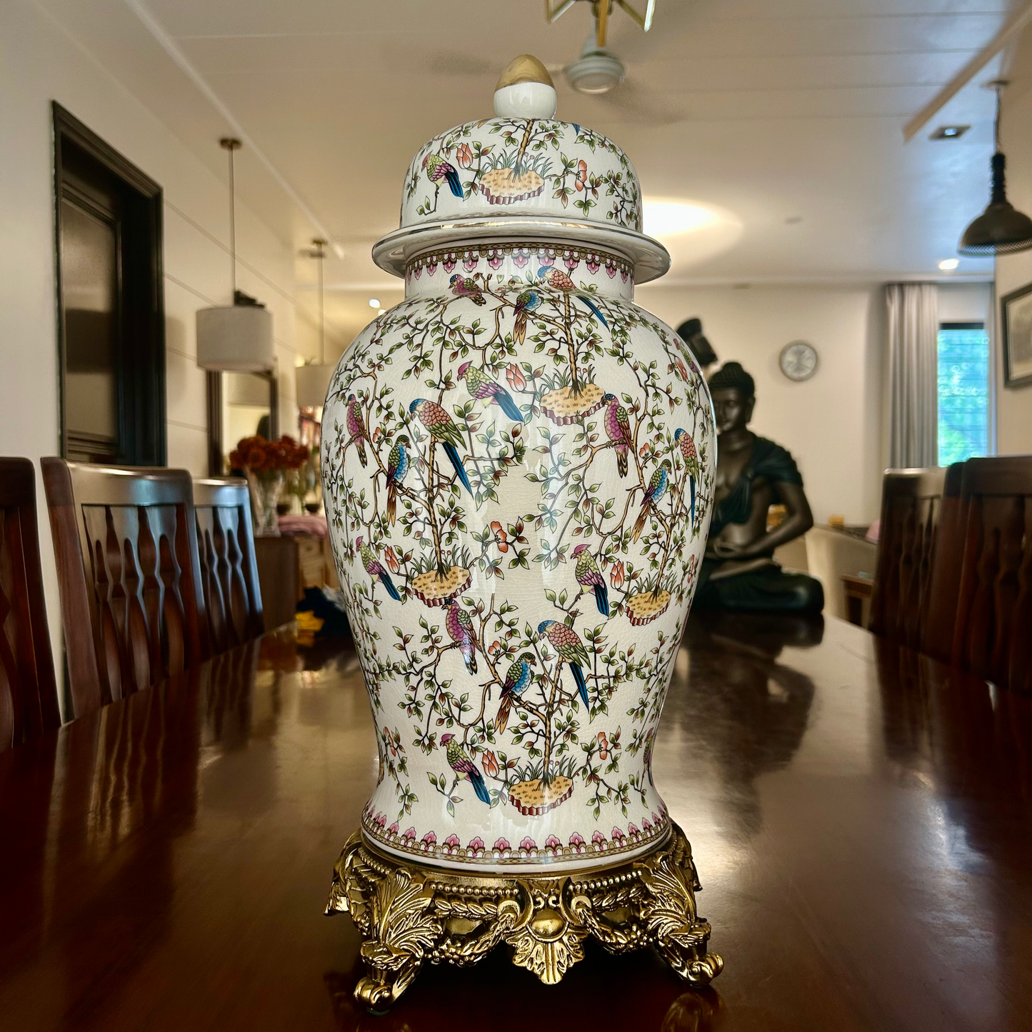Handcrafted Ceramic Ginger Jar with Birds & Floral Design