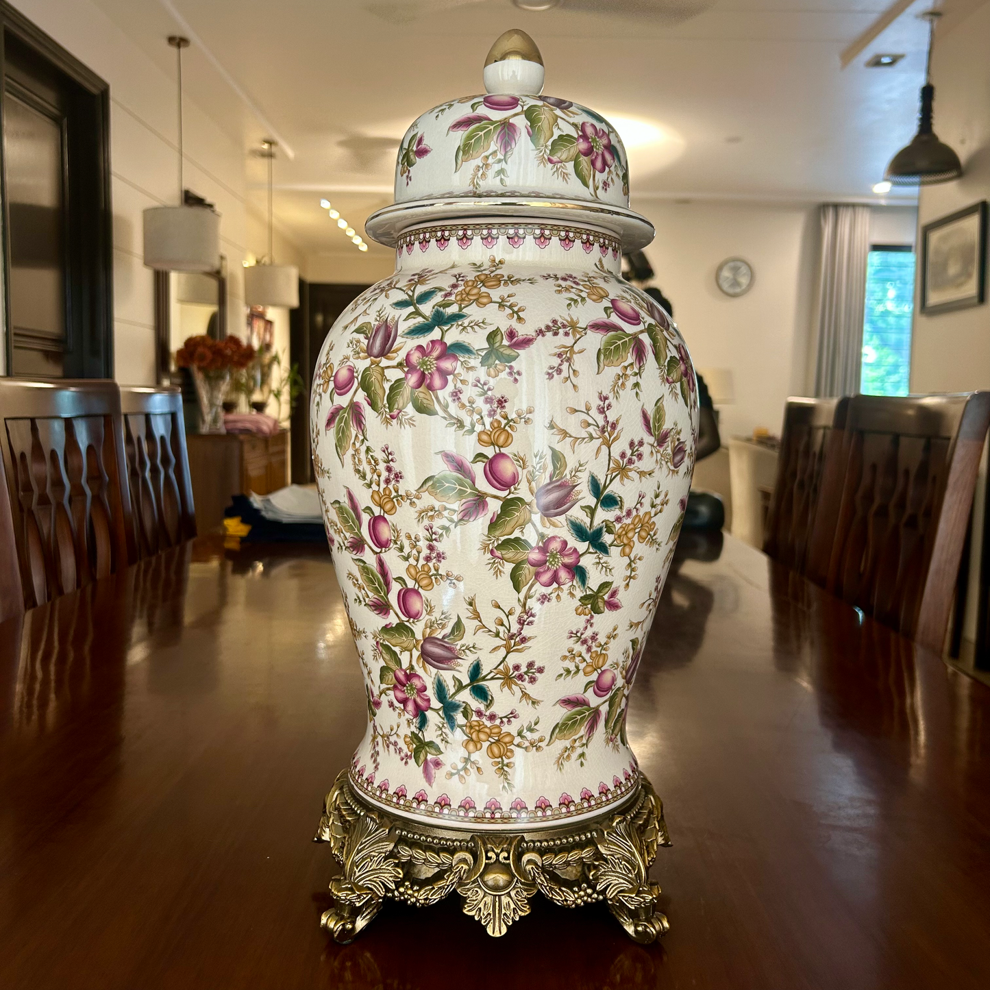 Elegant Pink Floral Ceramic Ginger Jar with Golden Base