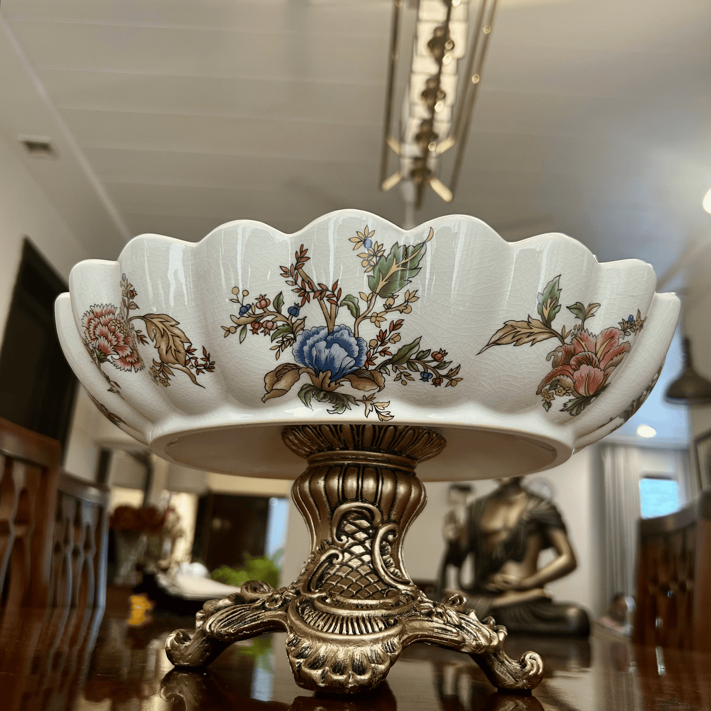 Floral Ceramic Serving Bowl with Ornate Golden Stand Oval