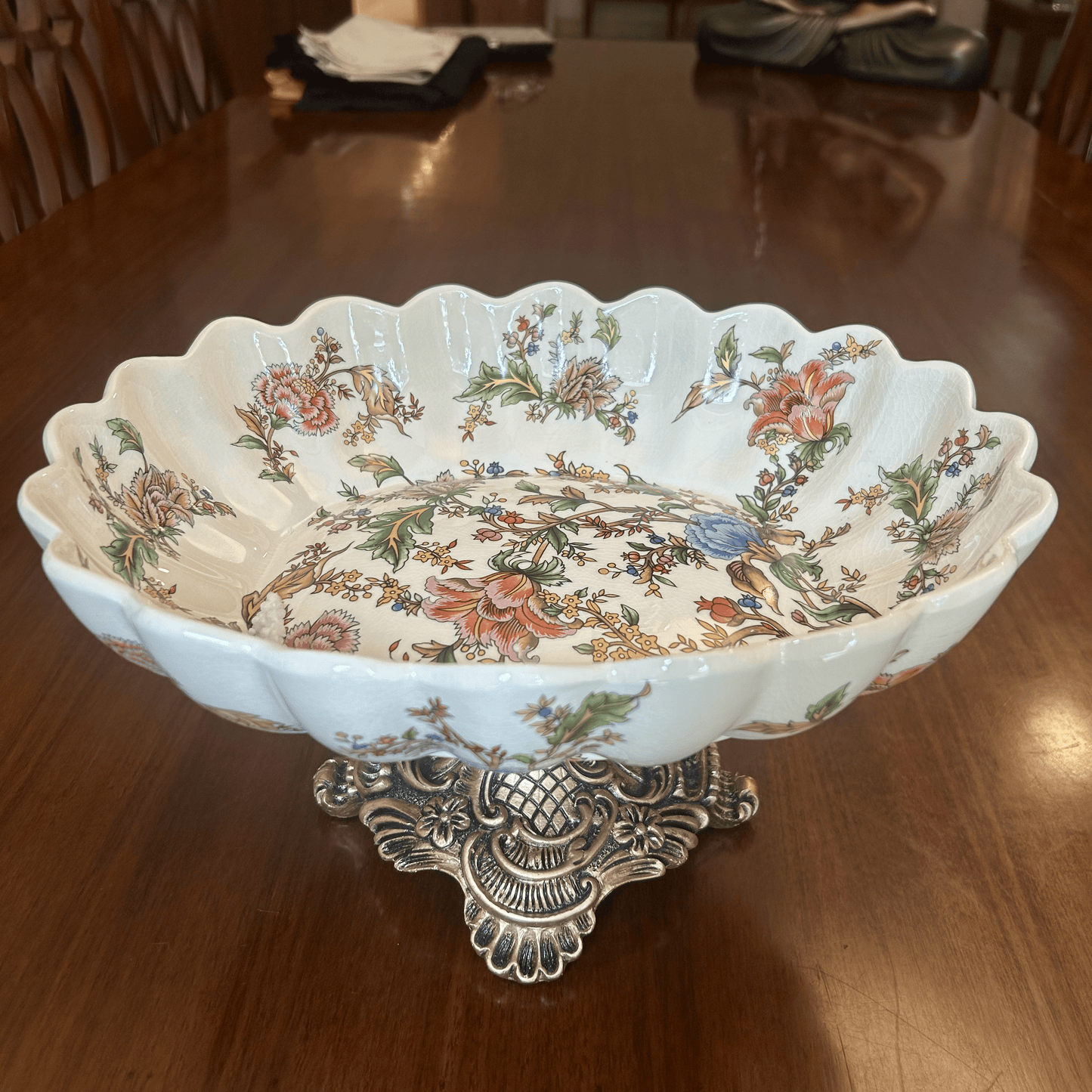 Floral Ceramic Serving Bowl with Ornate Golden Stand Oval